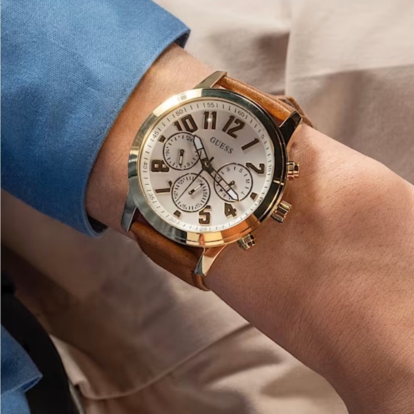 GUESS Gold Chronograph Watch with Brown Leather Strap - Picture 4 of 8
